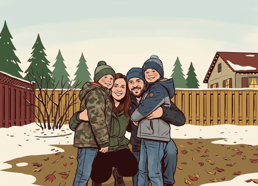 The same family photo painted in the vintage illustration style
