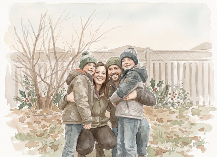The same family photo painted in the watercolor style