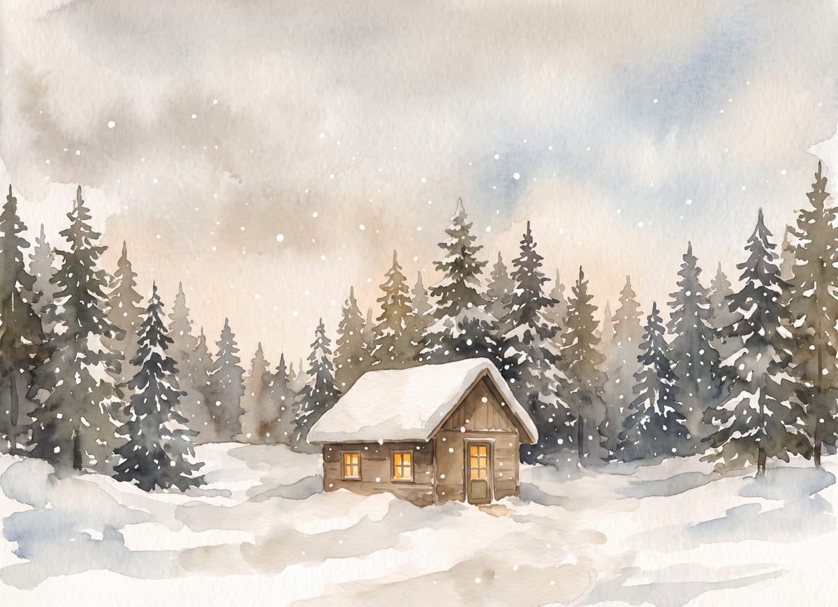 Watercolor Christmas card design: cabin in snow