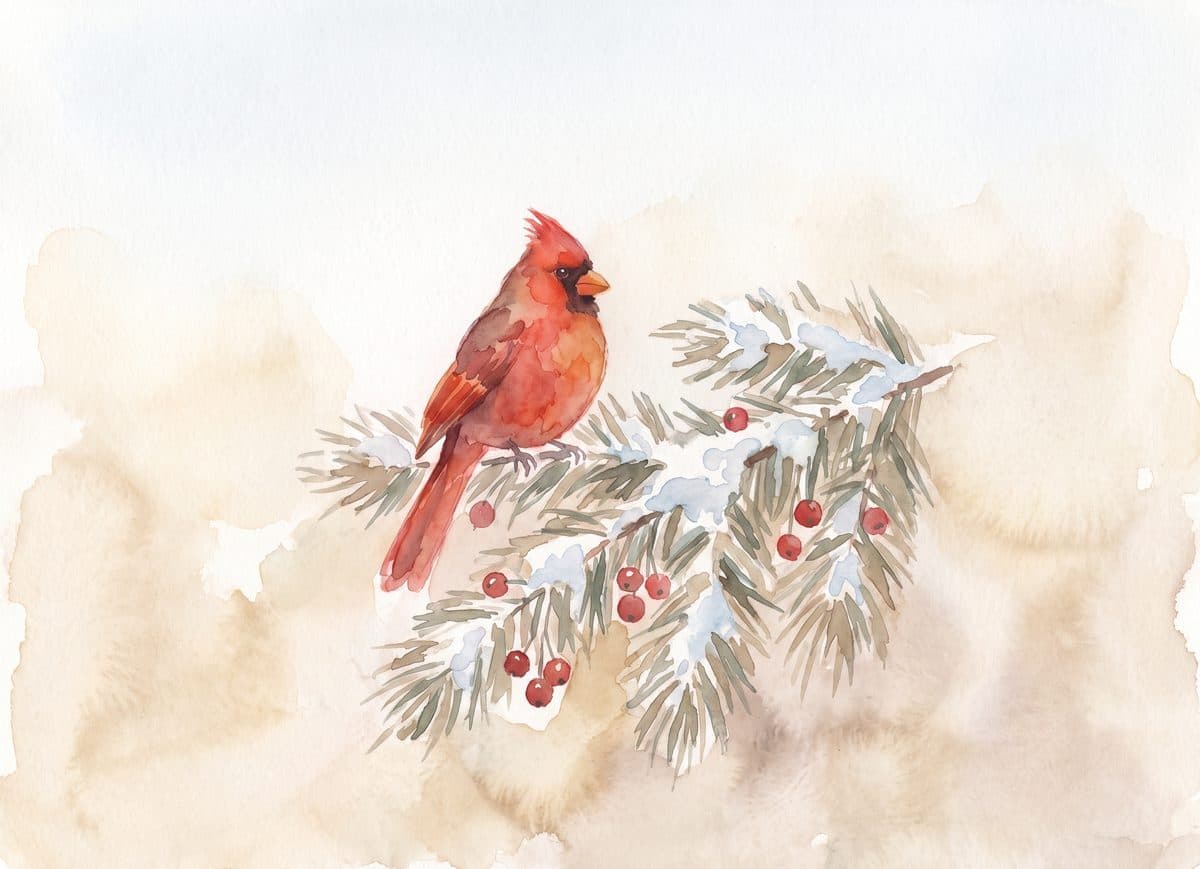 Watercolor Christmas card design: cardinal
