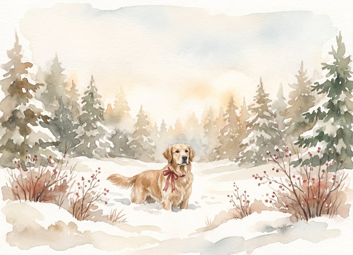 Watercolor Christmas card design: dog in the snow
