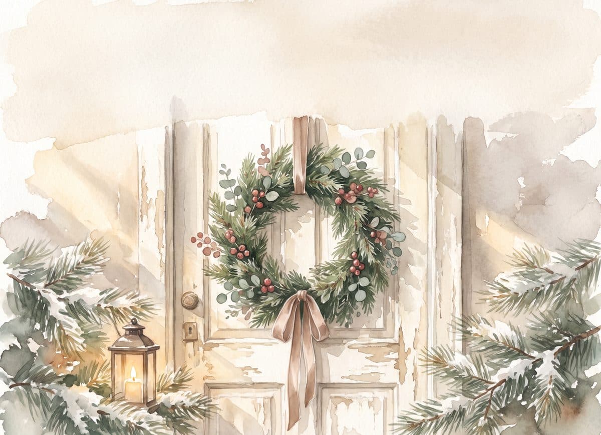 Watercolor Christmas card design: wreath on the door