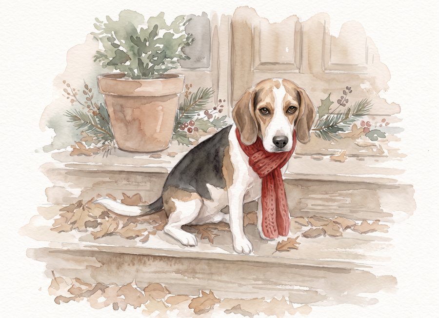 The same beagle painted as a watercolor Christmas card